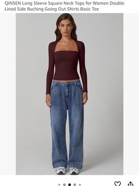 QINSEN Burgundy Square Neck Long Sleeve Top
